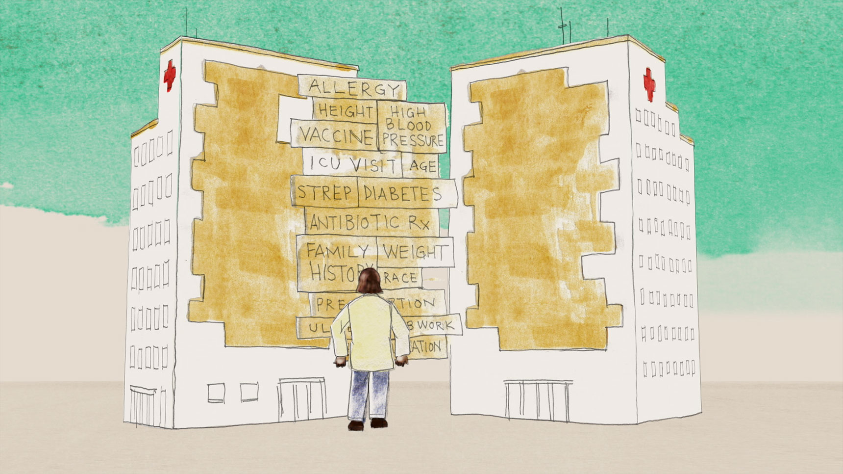 an animated character lifts puzzle pieces from one hospital building to the other